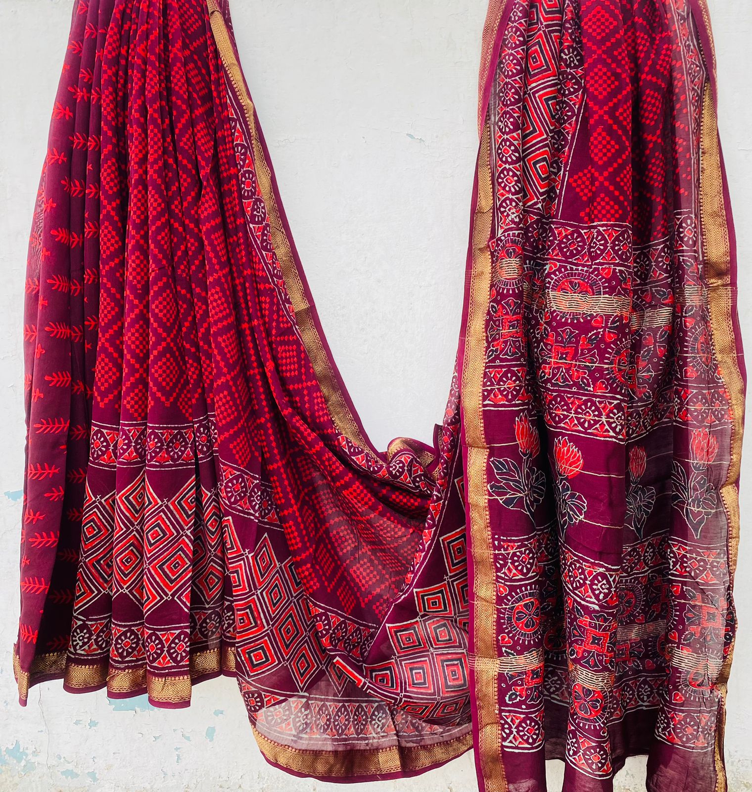 Maheshwari silk saree wholesale, hand block printed maroon red, pure silk saree by Fabtexs